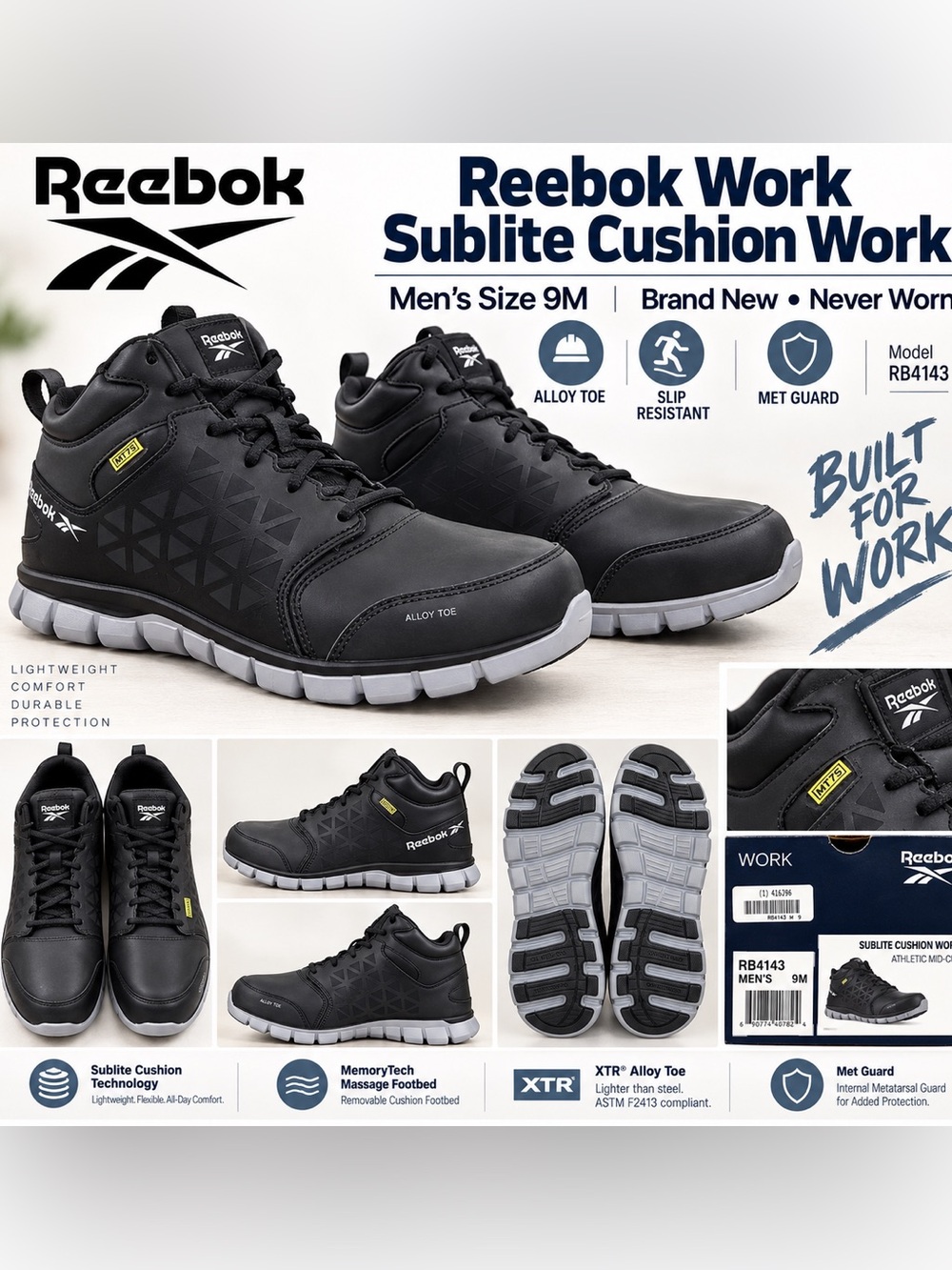 NWT-Reebok Work RB4143 Menโs 9M Alloy Toe/ INSIDE METARSAL Guard Work Shoe